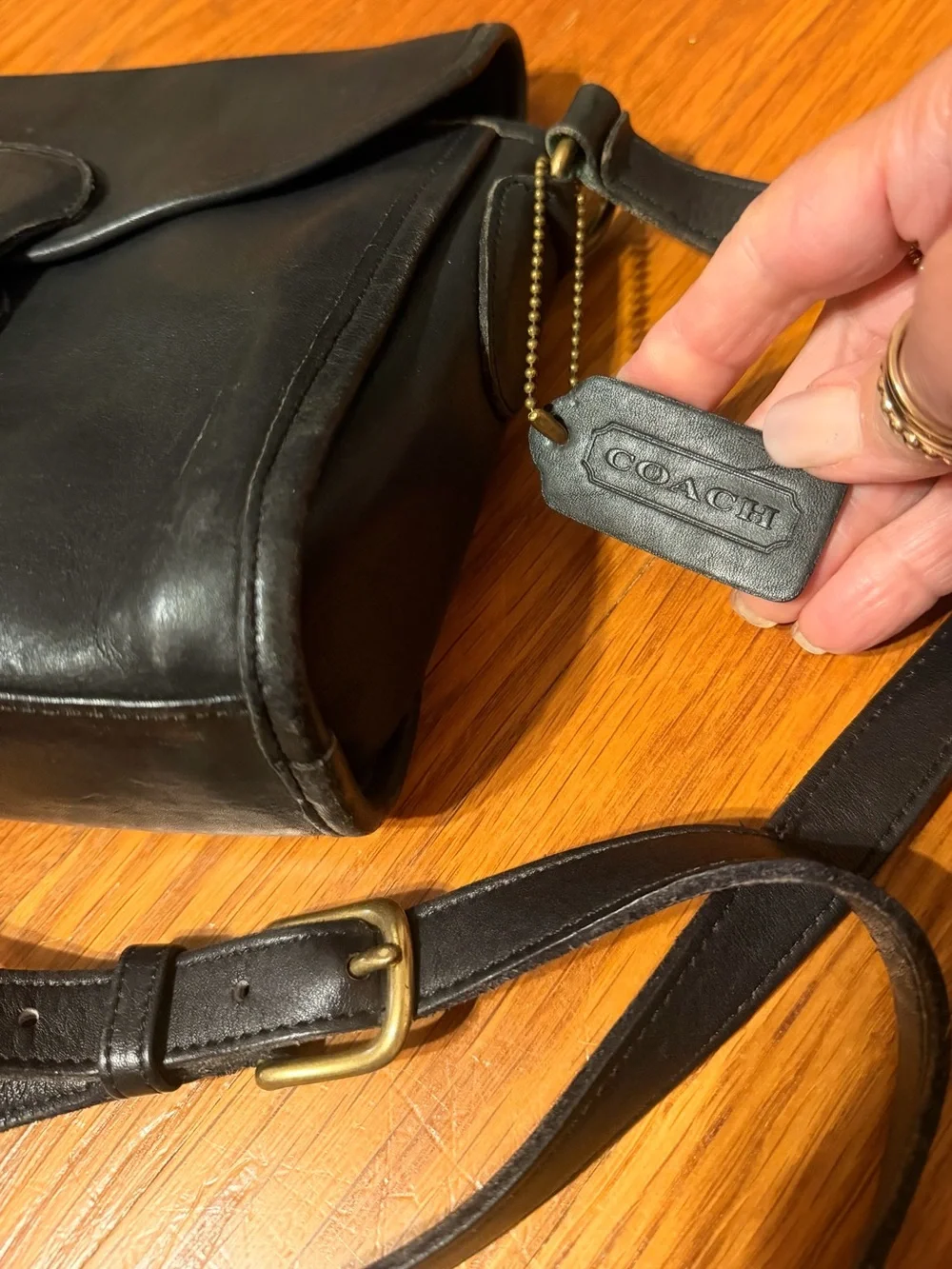 Vintage Early 1980’s Coach Black Leather Crossbody with Brass Turnlock Accent